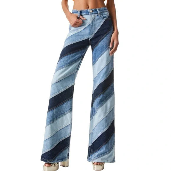 Alice + Olivia Beautiful High Rise Wide Leg Jeans - Indigo Twirl Patchwork Sz 26 - Picture 1 of 11